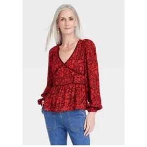 Knox Rose Womens XL Red Floral Peplum Blouse Smocked Waist & Long Sleeves